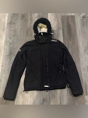 Superdry Wind Attacker Jacket Black Faux Fur Hood Fleece Lined Women’s Small